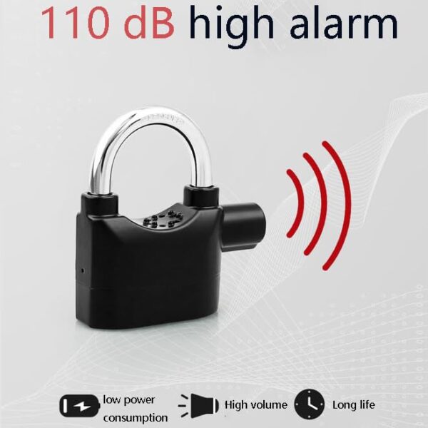 Security Alarm Padlock with Siren and Keys, Heavy Duty Steel Lock, Black, Waterproof Anti-Theft Lock - Image 3